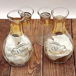 PYREX GLASS Oil & Vinegar Cruets and Salt Pepper Shakers No Stoppers Gold Band